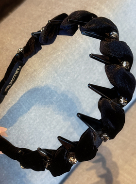 杨杨babytime 蓬松高颅顶防滑 枪灰色水晶倒梳黑丝绒褶皱发箍带齿