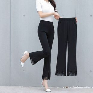 女裤 蕾丝边裤 2024新款 喇叭裤 子女韩版 弹力显瘦妈妈女黑色九分长裤