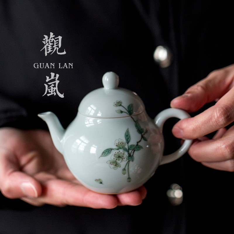 观岚仿古胎手绘海棠花茶壶釉下彩小泡茶壶带过虑球茶壶家用泡茶器