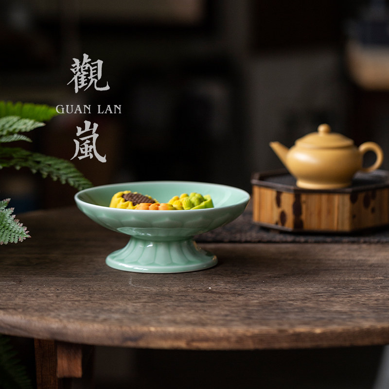 复古禅意莲花底高足糕点盘中式高脚果盘陶瓷点心供盘茶点盘零食盘