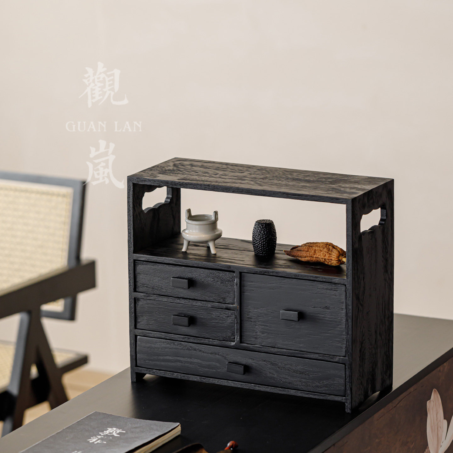 观岚碳化胡桃木博古架实木茶桌