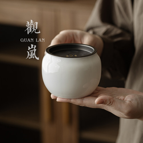 观岚羊脂玉瓷茶渣缸建水带盖家用白瓷茶渣桶储水陶瓷茶盂废水茶缸