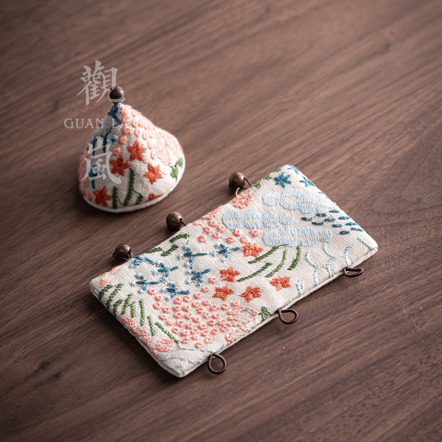 观岚手工刺绣花海棉麻壶把套铁壶银壶提梁壶防烫把套盘扣茶壶帽盖