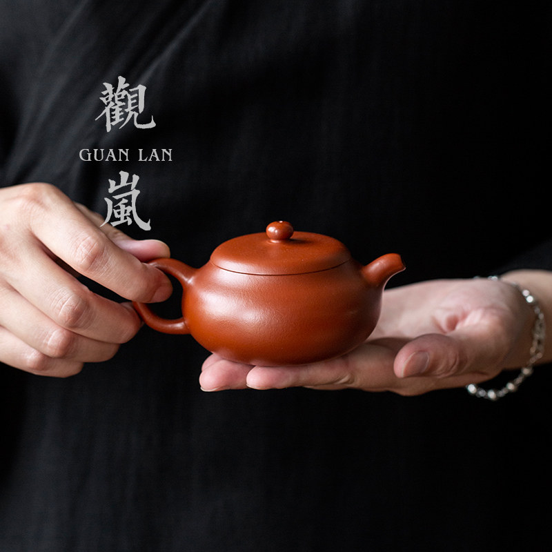 观岚宜兴紫砂壶大红袍朱泥小容量家用功夫茶具泡茶壶纯手工扁玉壶