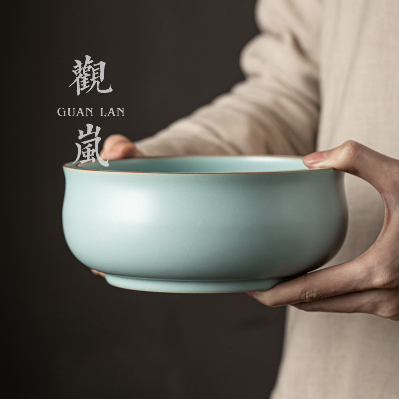 观岚天青汝窑大号茶洗开 片功夫茶具水盂陶瓷圆形收纳茶碗笔洗杯