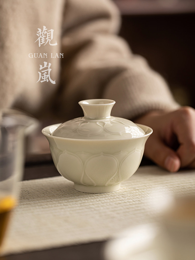 观岚定窑白陶瓷二才盖碗茶杯功夫茶具大容量防烫手家用莲花泡茶碗
