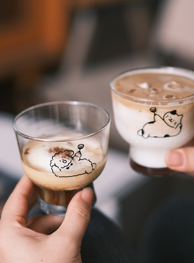 气泡招待所‘原创简笔画举杯小狗玻璃杯高脚小猫牛奶咖啡杯果汁杯