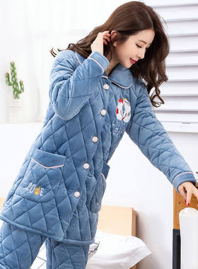 睡衣秋冬季女三层加厚加绒夹棉袄中长款大码保暖珊瑚绒家居服套装