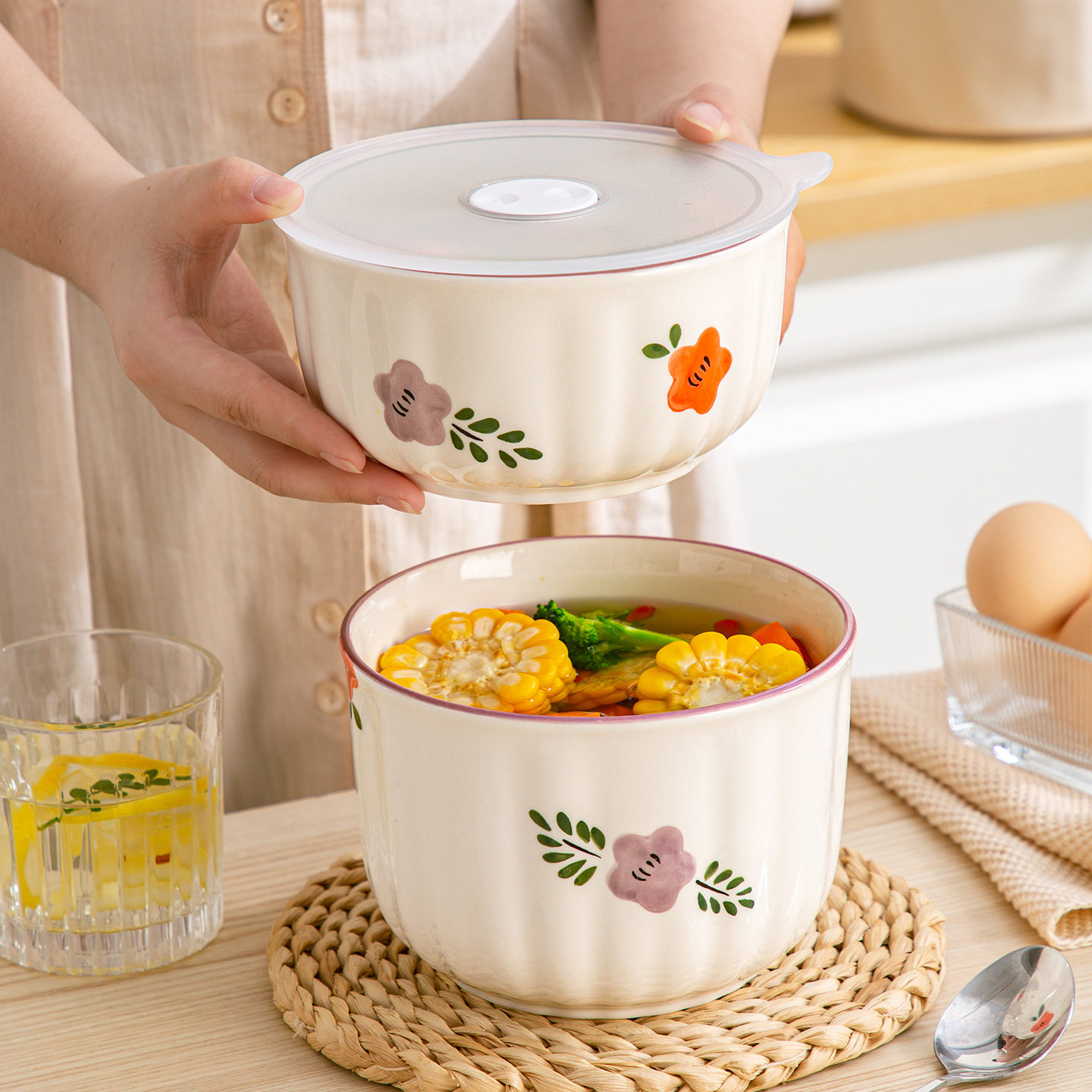 带盖密封陶瓷保鲜碗水果便当盒可微波炉加热饭盒手提袋子泡面碗,餐饮具,保鲜盒,淘宝优惠券,粉丝福利购,淘宝优惠卷