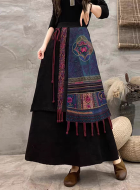 秋冬季新款民族风重工刺绣半身裙文艺复古流苏吊坠棉麻提花马面裙