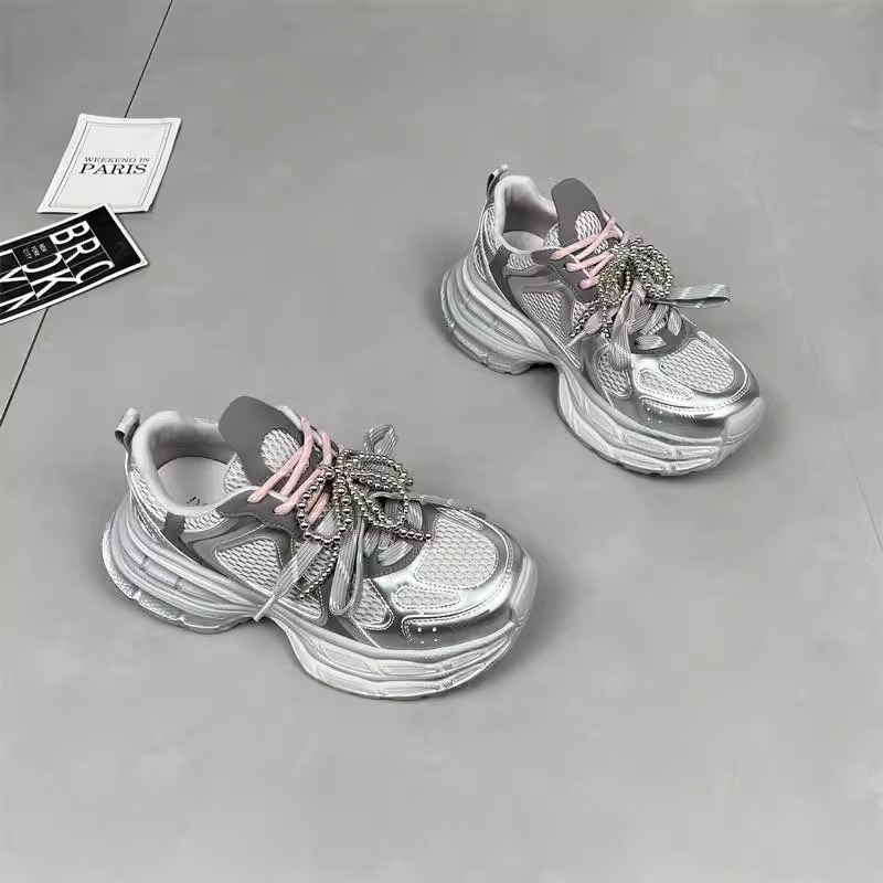 MK&DK欧洲站真皮珍珠双鞋带老爹鞋女2025新款厚底增高网面休闲鞋