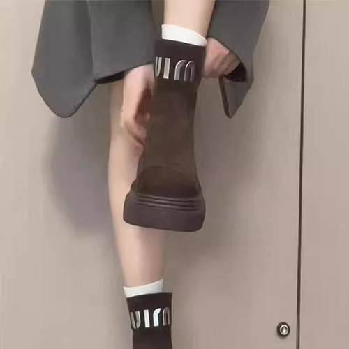 MK&DK厚底增高真皮马丁靴女秋冬新款雪地靴小众百搭瘦瘦靴单靴子