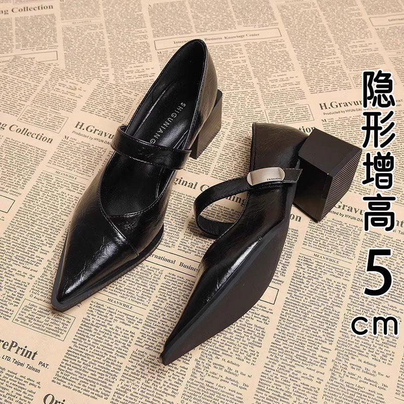 MK&DK香港真皮尖头玛丽珍单鞋女2025新款春夏季浅口粗跟高跟单鞋
