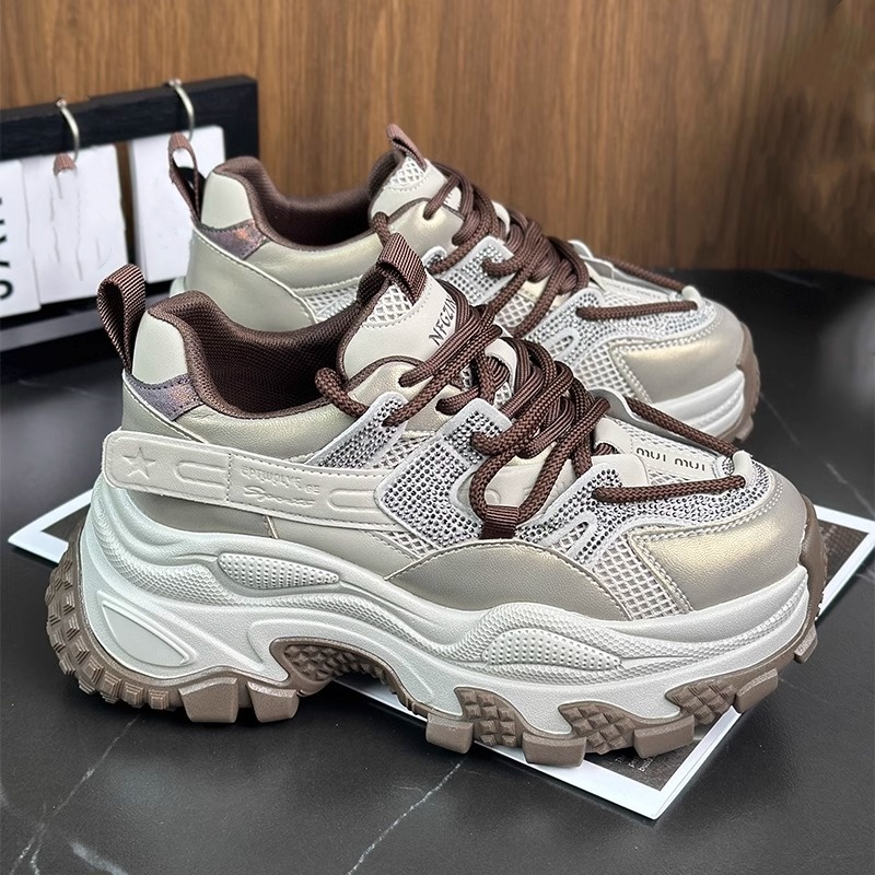 MK&DK欧洲站真皮水钻老爹鞋女2025新款厚底7CM增高休闲运动松糕鞋