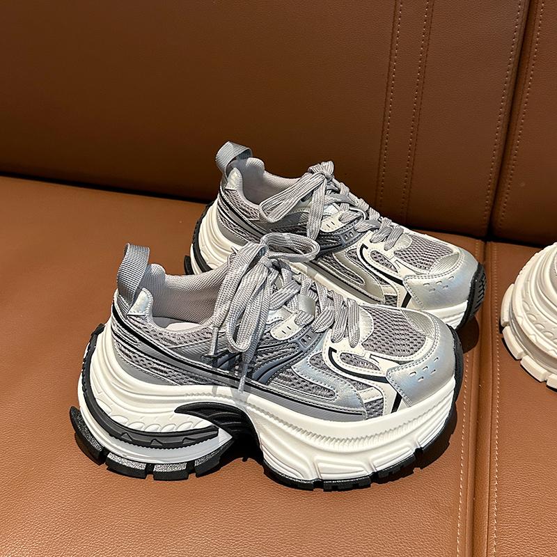 MK&DK真皮欧货厚底增高老爹鞋女2025新款显脚小款银色休闲运动鞋