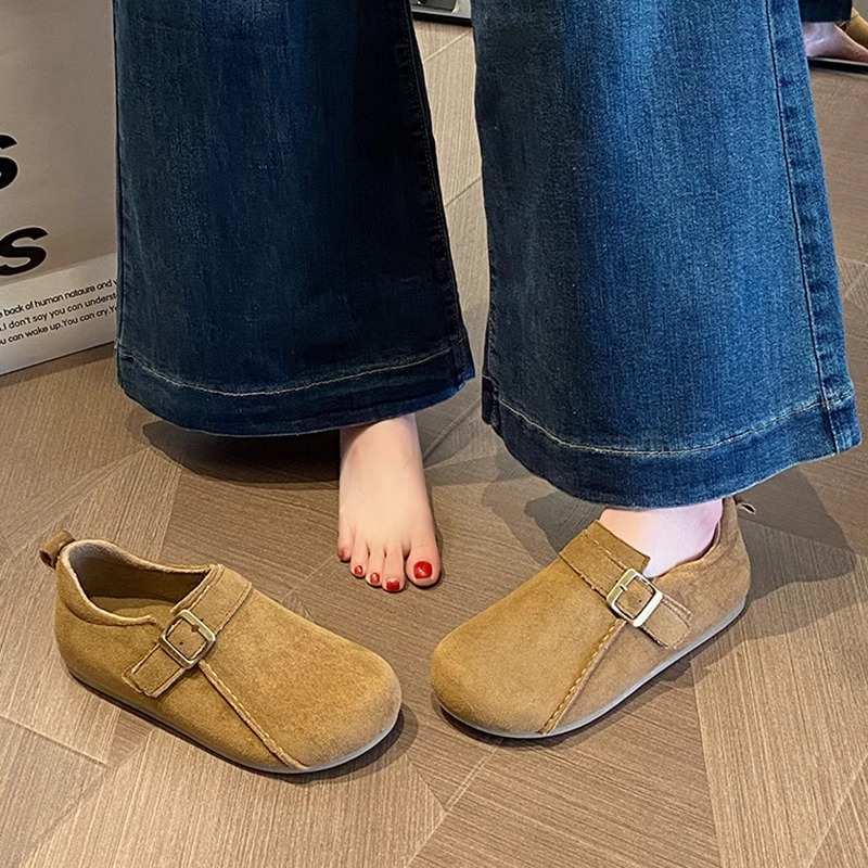 MK&DK香港真皮厚底百搭勃肯鞋女2025新款春秋季懒人一脚蹬豆豆鞋