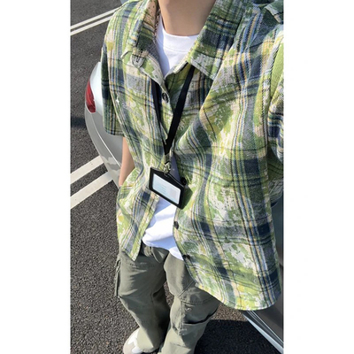 牛油果绿色扎染格子衬衫短
