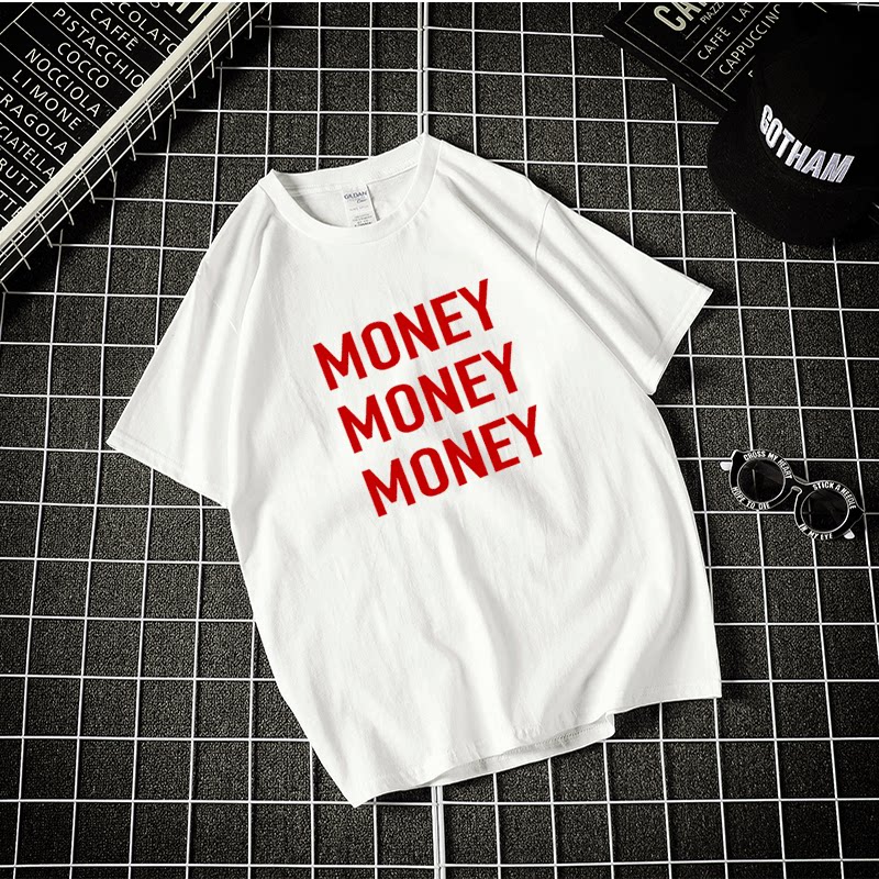money 英文字母汉字中文t恤短袖oversize圆领大码宽松男女情侣装