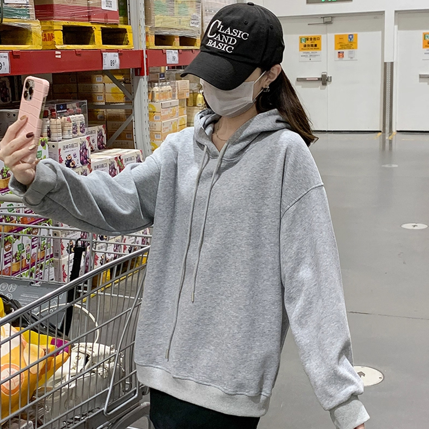 连帽卫衣女2025秋冬季新款纯色宽松加绒加厚韩系慵懒风套头上衣