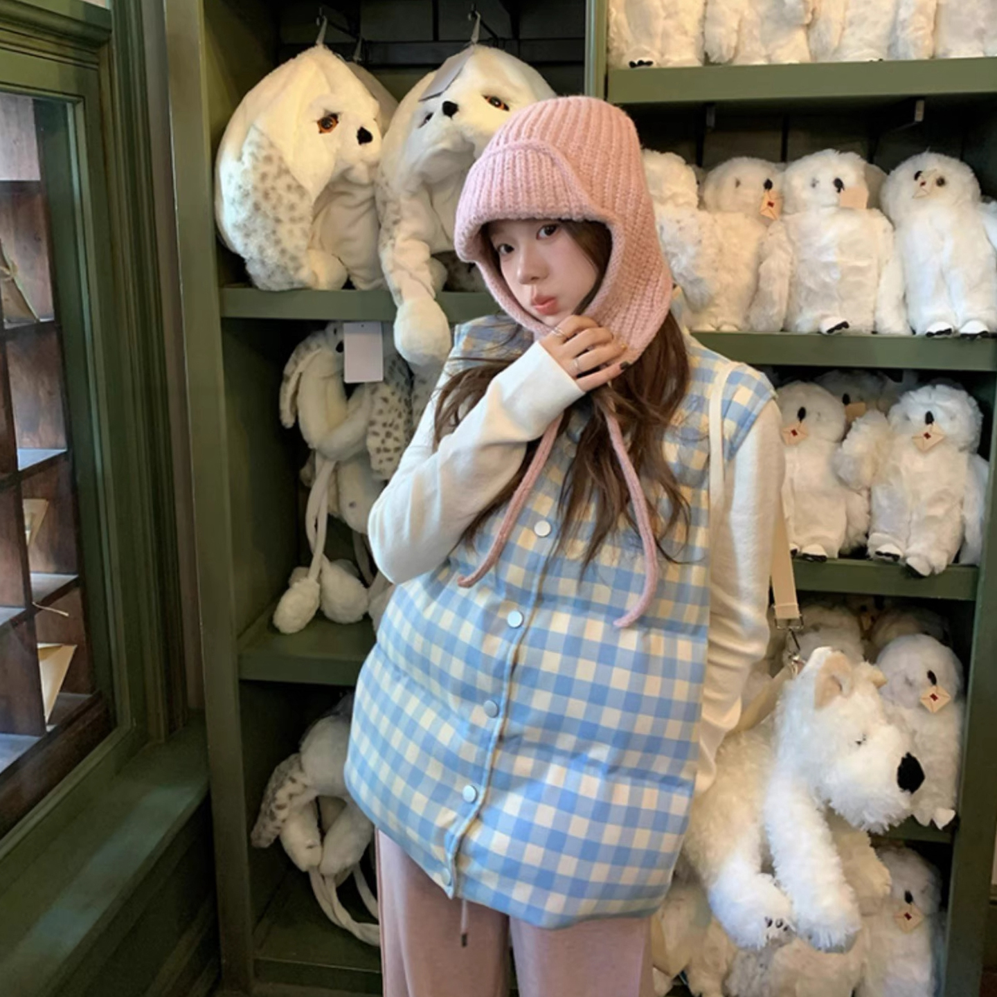 白鸭绒格子羽绒马甲女款