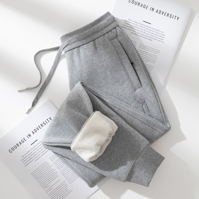 高端面料500G灰色纯棉运动裤女秋冬季加绒束脚宽松休闲高腰卫裤