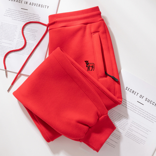 秋冬季 高腰休闲卫裤 新款 女束脚宽松大码 红色加绒运动裤 拉链口袋