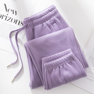 外穿加绒休闲显瘦卫裤 质感松紧腰紫色运动裤 女束脚宽松灯笼秋冬季