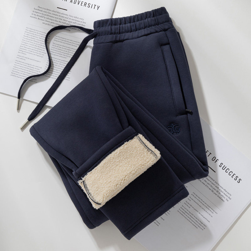 高腰宝蓝色加绒加厚裤子女冬季超厚羊羔绒直筒宽松运动裤保暖棉裤