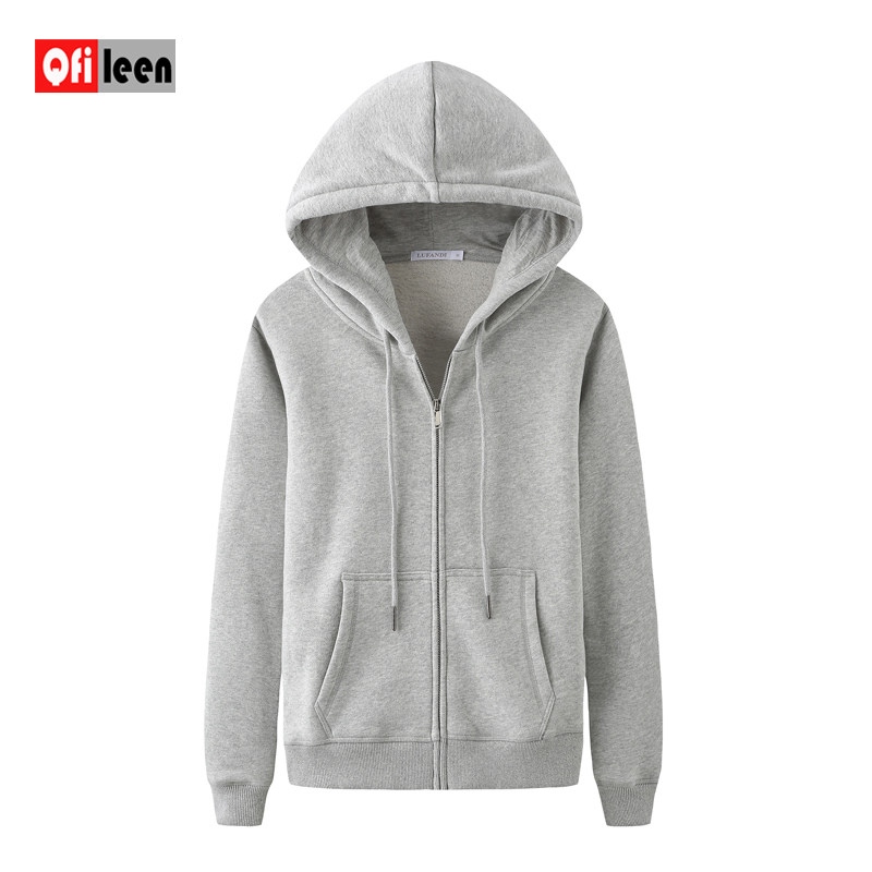 Qfileen/俏菲琳纯色拉链灰色卫衣女春秋薄款连帽开衫加绒外套上衣