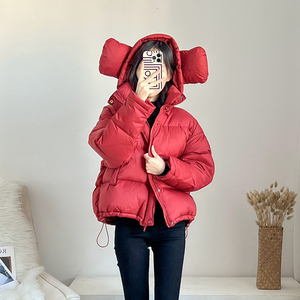 反季大耳朵可脱卸帽羽绒服女2023新款加厚短款面包服红色炸街外套