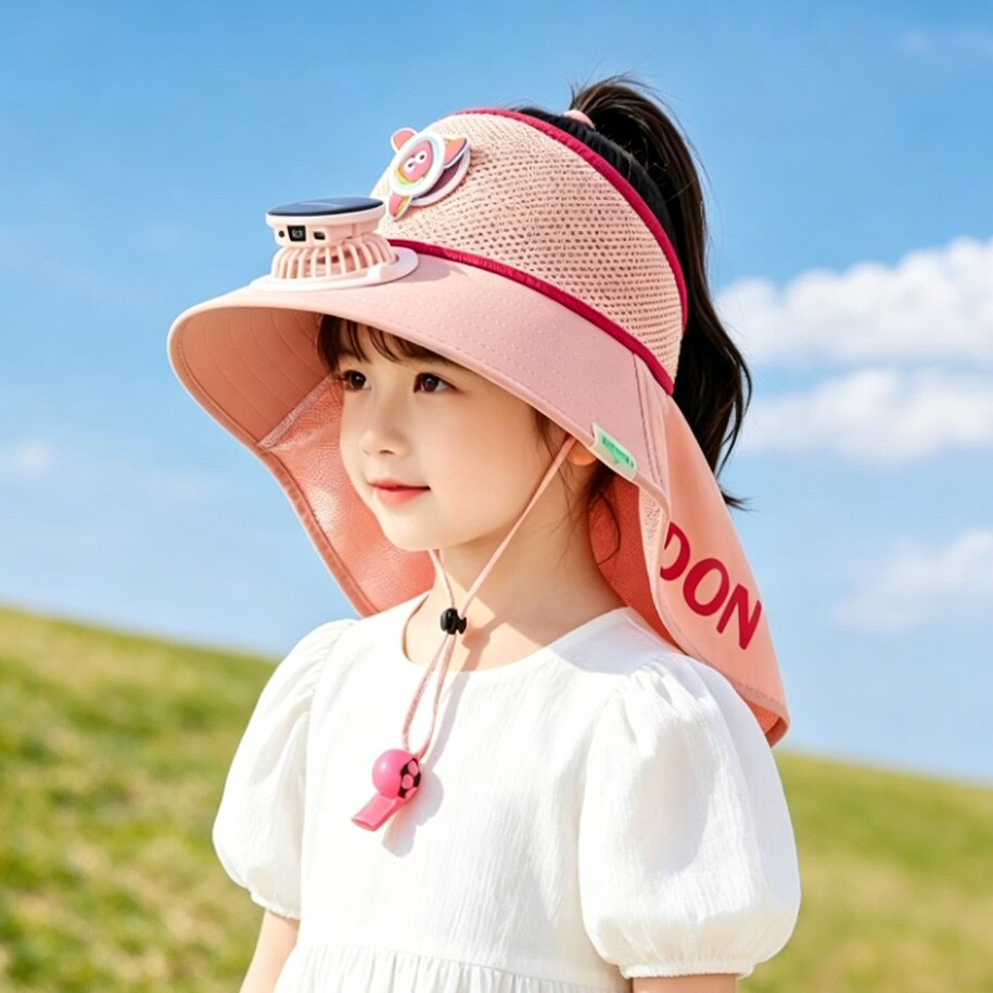 女童夏季太阳能风扇大檐防晒帽图片