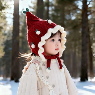 婴儿帽子秋冬季保暖护耳帽公主可爱女宝宝新年红色儿童针织毛线帽