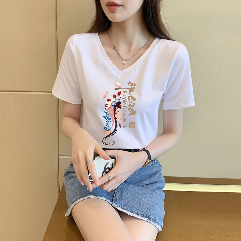 中国风正肩纯棉短袖T恤女士2024夏季新款时尚印花V领白色半袖上衣-封面