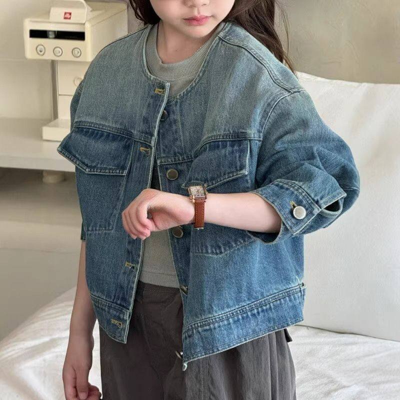 童装女童牛仔外套春秋季新款大童儿童夹克衫男童洋气时尚圆领上衣