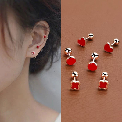 红色四叶草小耳骨新款圆形耳环爱心小众螺丝设计睡觉免摘耳骨耳钉