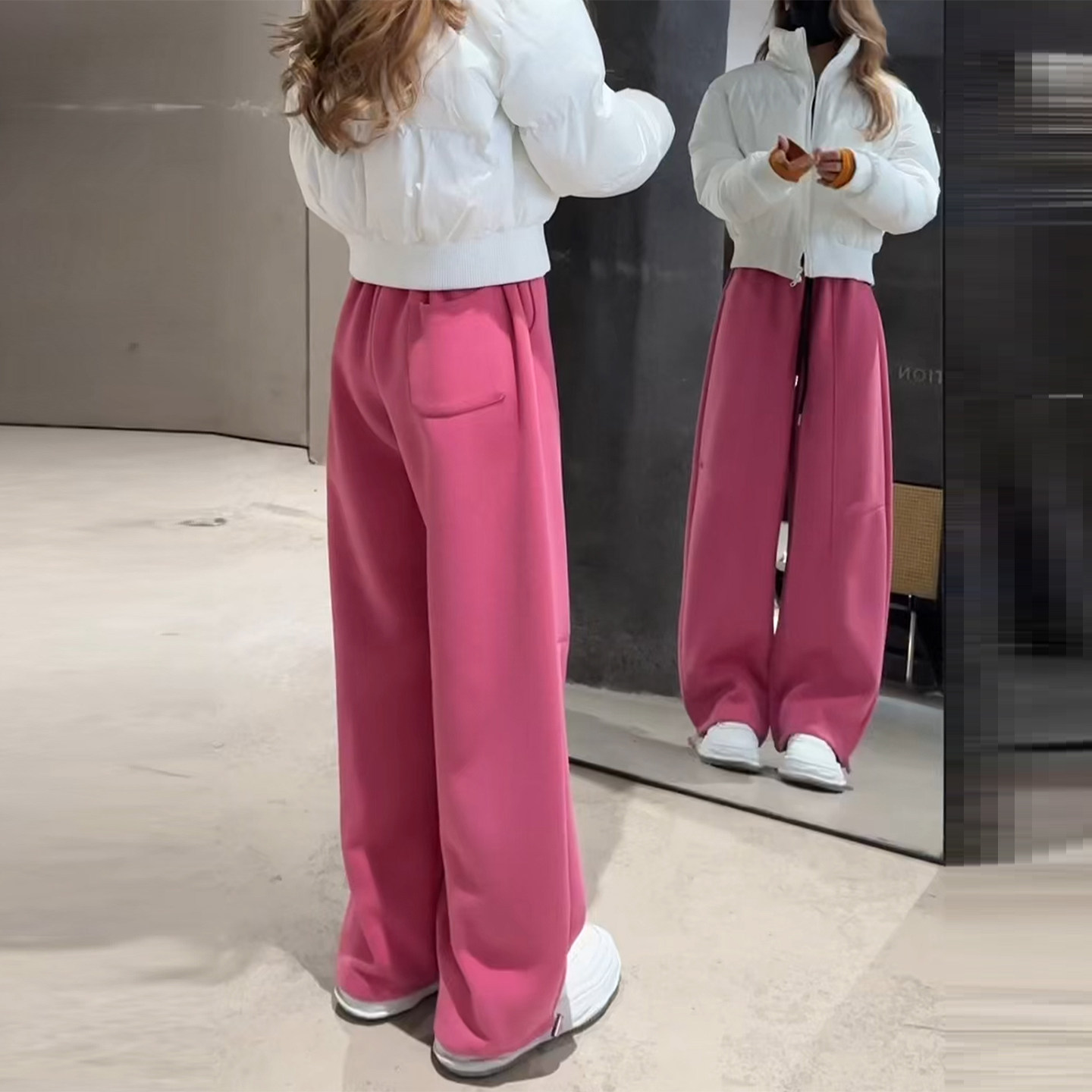 蜜桃粉撞色松紧腰拼接卫裤女2025年冬季新款高腰抽绳百搭休闲卫裤,女装/女士精品,大码裤装,淘宝优惠券,粉丝福利购,淘宝优惠卷