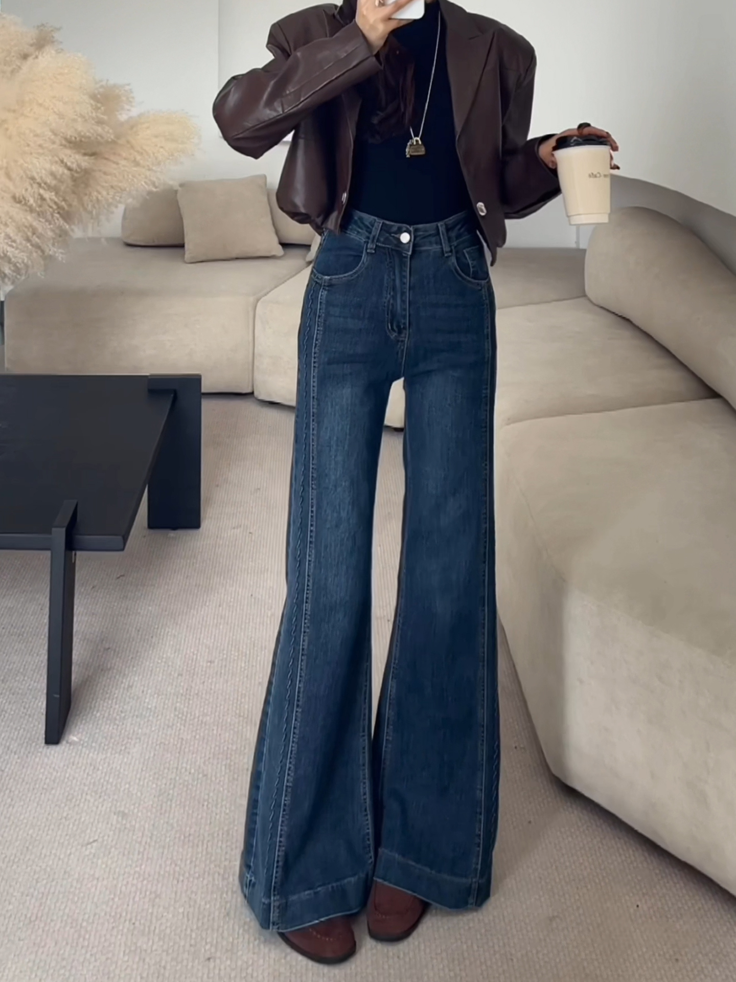 覆古蓝灰色加绒微喇牛仔裤女2025秋冬新款高腰显瘦垂感直筒喇叭裤