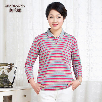 纯棉九分袖条纹t恤女中老年女装大码妈妈秋装上衣宽松运动polo衫