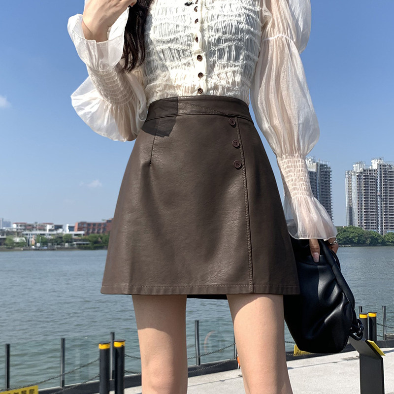 皮裙女秋冬2025新款包臀防走光磨砂皮百搭显瘦a字