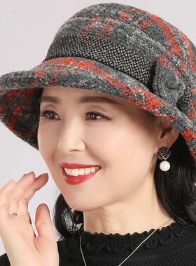 中老年秋冬保暖针织格子加厚盆帽