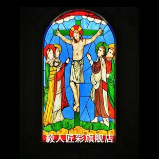 欧式 彩色玻璃镶嵌教堂人物蒂凡尼屏风装 饰灯箱片门窗隔断复古 包邮