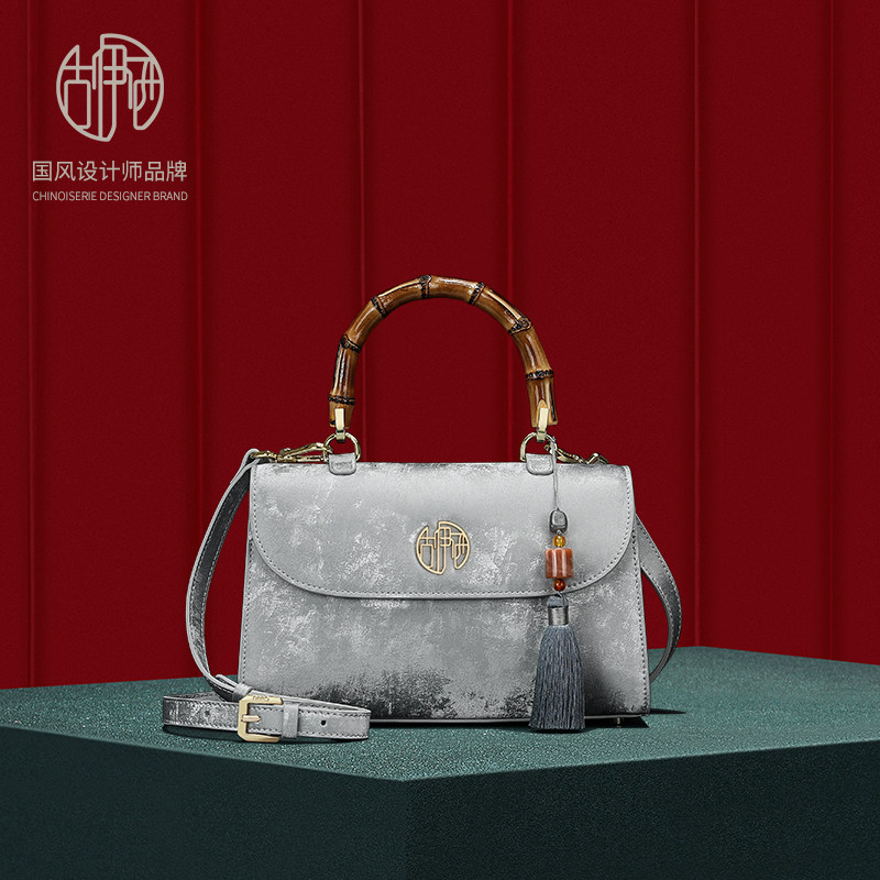 古伊西新中式女包60-70岁老人包中国风牛皮绒面手提包斜挎竹节包