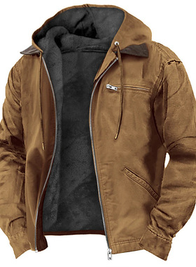 2025冬季美式复古纯色连帽棉服休闲男装加绒夹克外套Men jackets