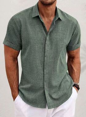 2026夏季新款纯色休闲短袖衬衫男士大码t恤宽松上衣Men's Shirts