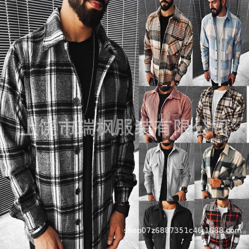 2026春秋新款长袖格子衬衣休闲立领衬衫男外套上衣 Men jackets