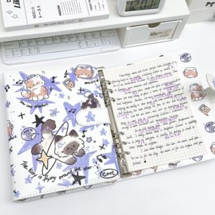 小红书同款 蓝星小猫PU皮质活页本学生高颜值A5可拆卸笔记本记事本