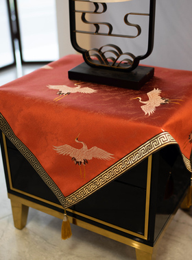 仙鹤中式桌布古典中国风方形防尘布冰箱盖布酒红色床头柜茶几盖巾