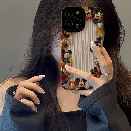 初绽适用opporeno14手机壳13/12/11pro+竖条纹卡通奇奇妮妮情侣全包皮质软壳新款防摔RENO10/9/8/7青春保护套