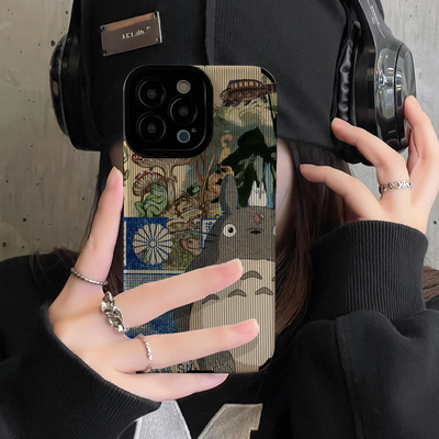 初绽适用苹果15 油画可爱卡通龙猫iphone13promax手机壳16 12 18皮质软全包个性14pro潮女xs简约17Air保护套