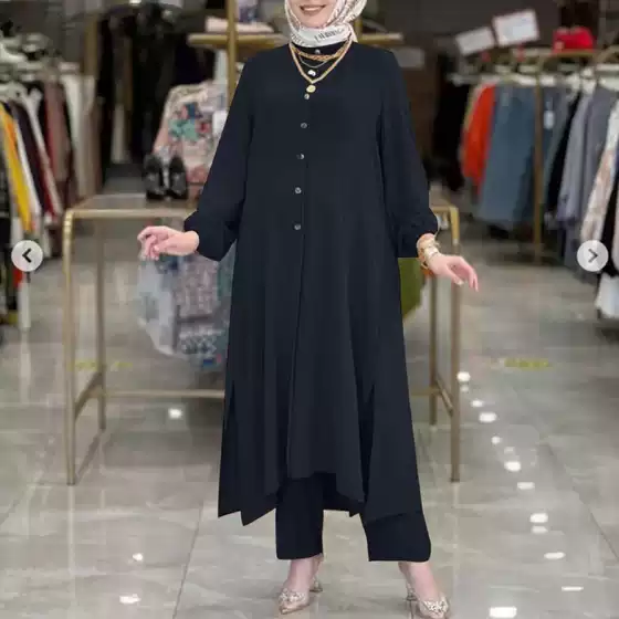 New Loose Casual Solid Color Slit Stand Collar Shirt and Pants Set